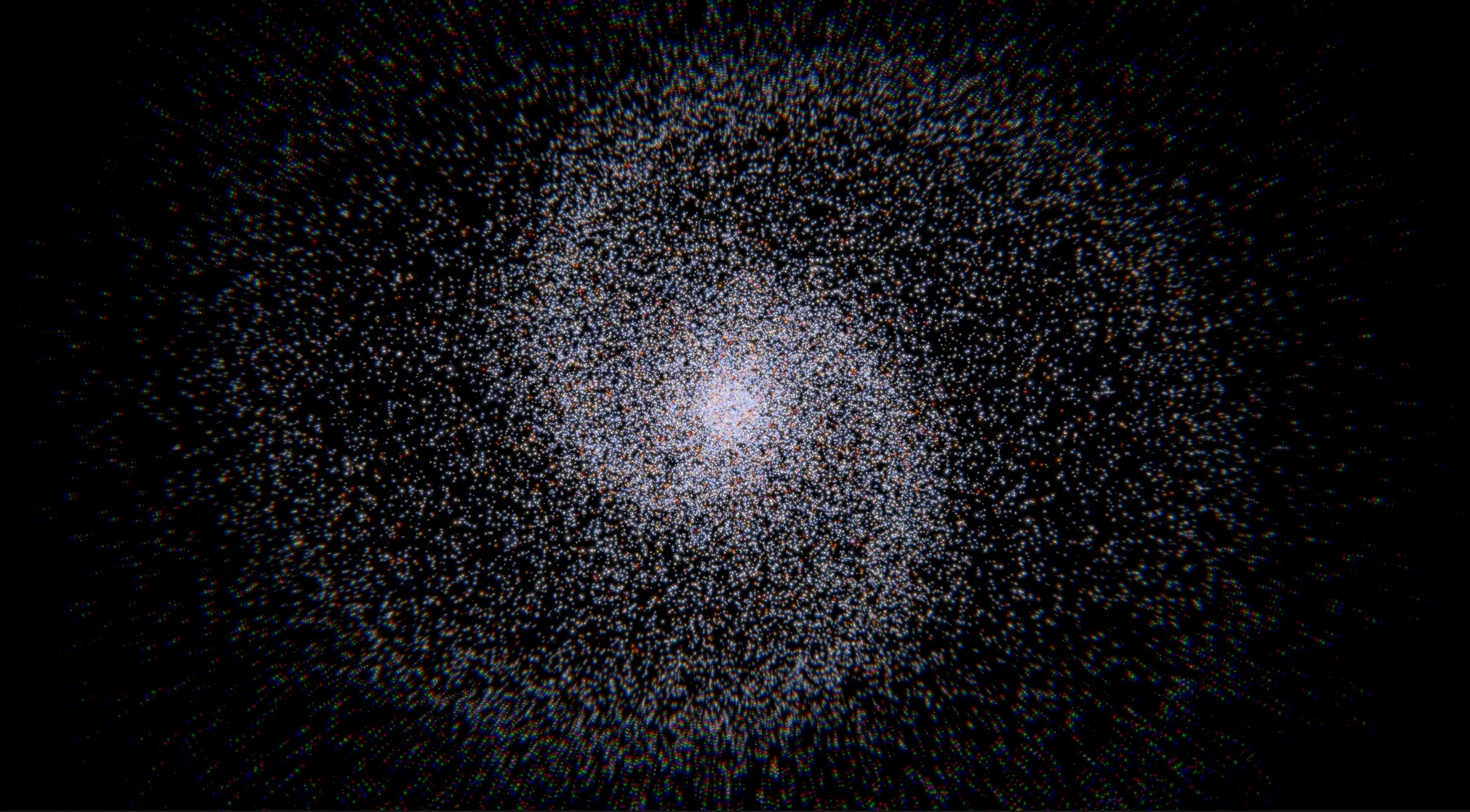 A spiral galaxy with two arms and distortion effects near the edge of the screen