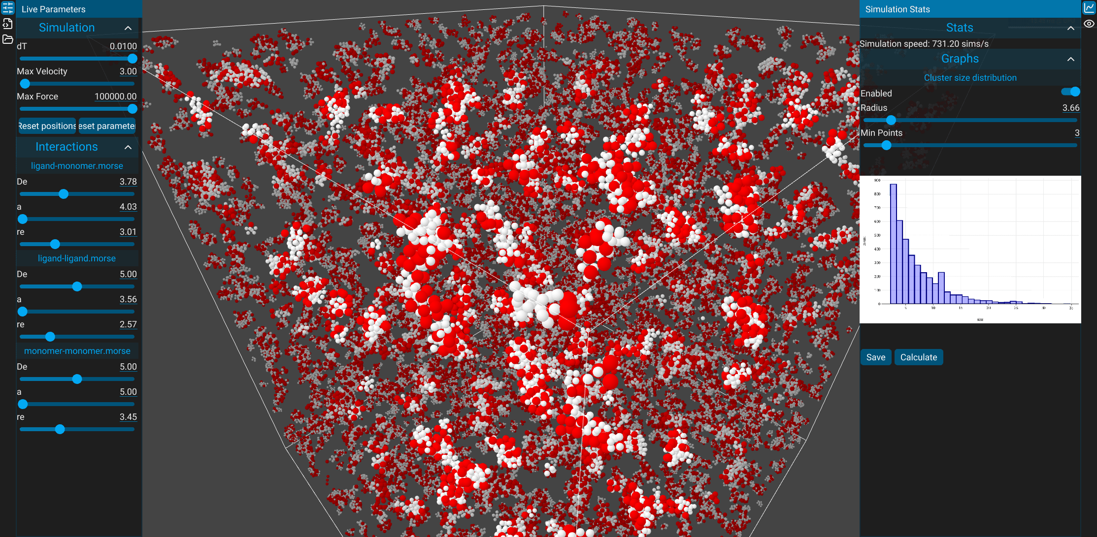 A 3D scene with two particle types, plotting the size distribution of clusters in the sidebar.
